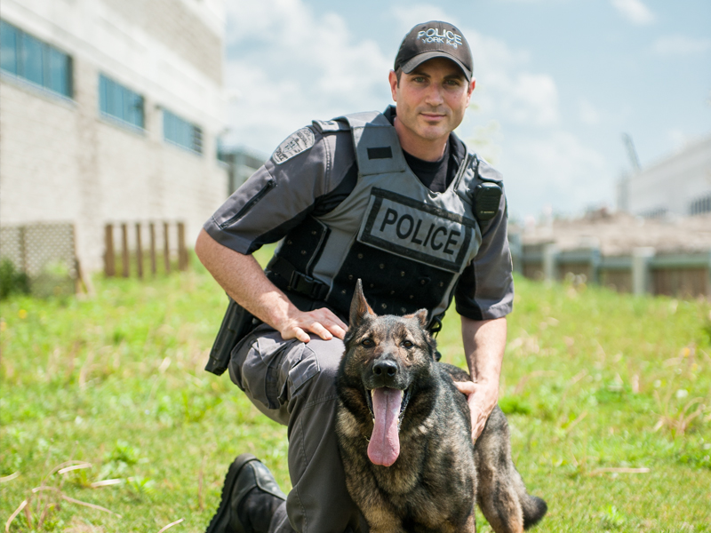 An officer kneels next to a large dog