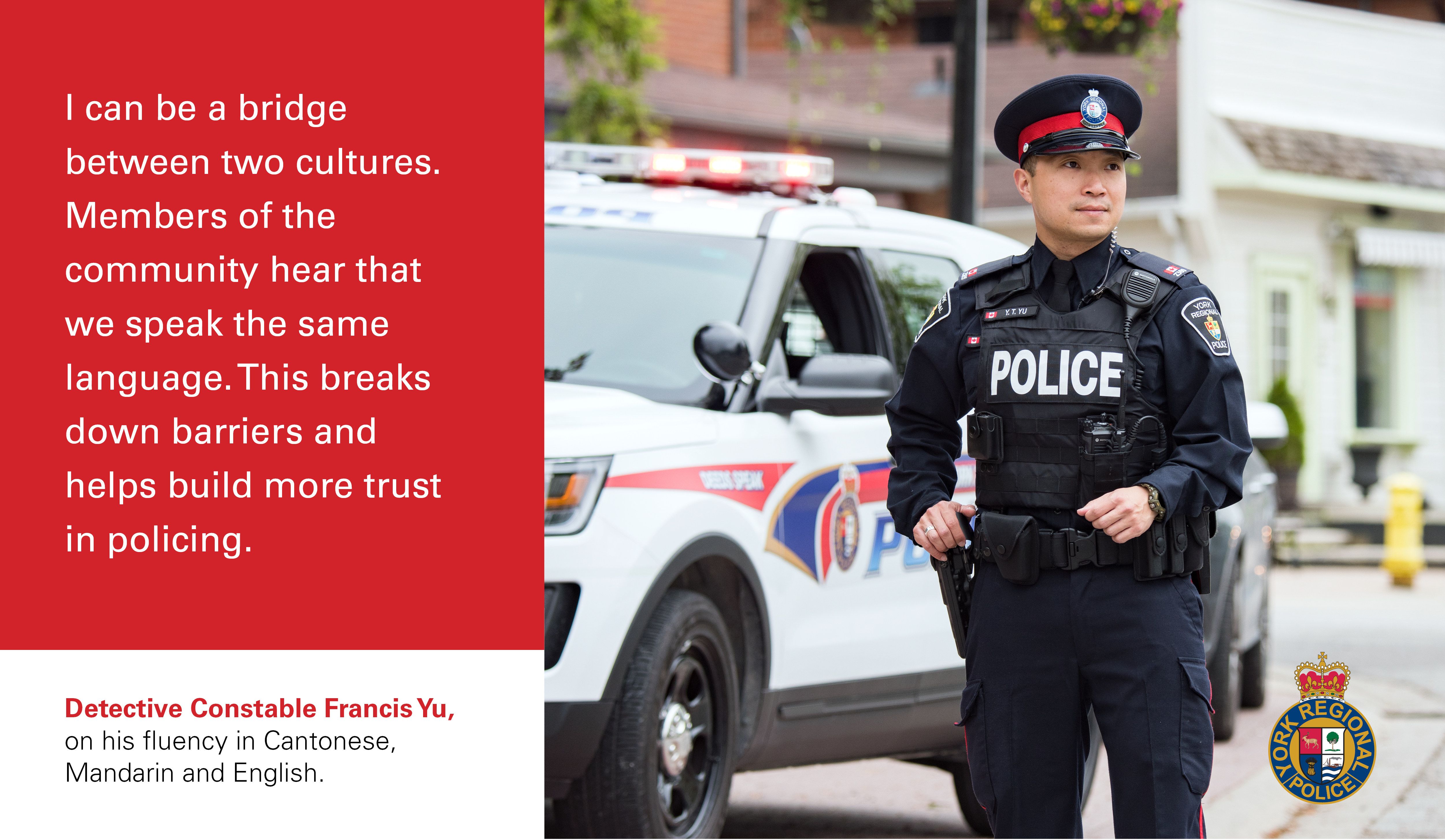 Photo of Detective Constable Francis Yu in front of a police cruiser