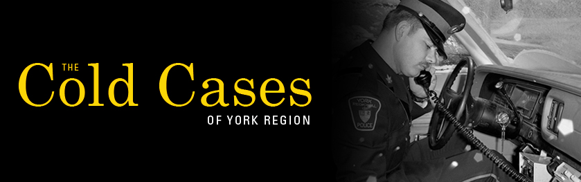 "Cold Cases of York Region" text alongside a historical photo of an officer speaking on a car phone