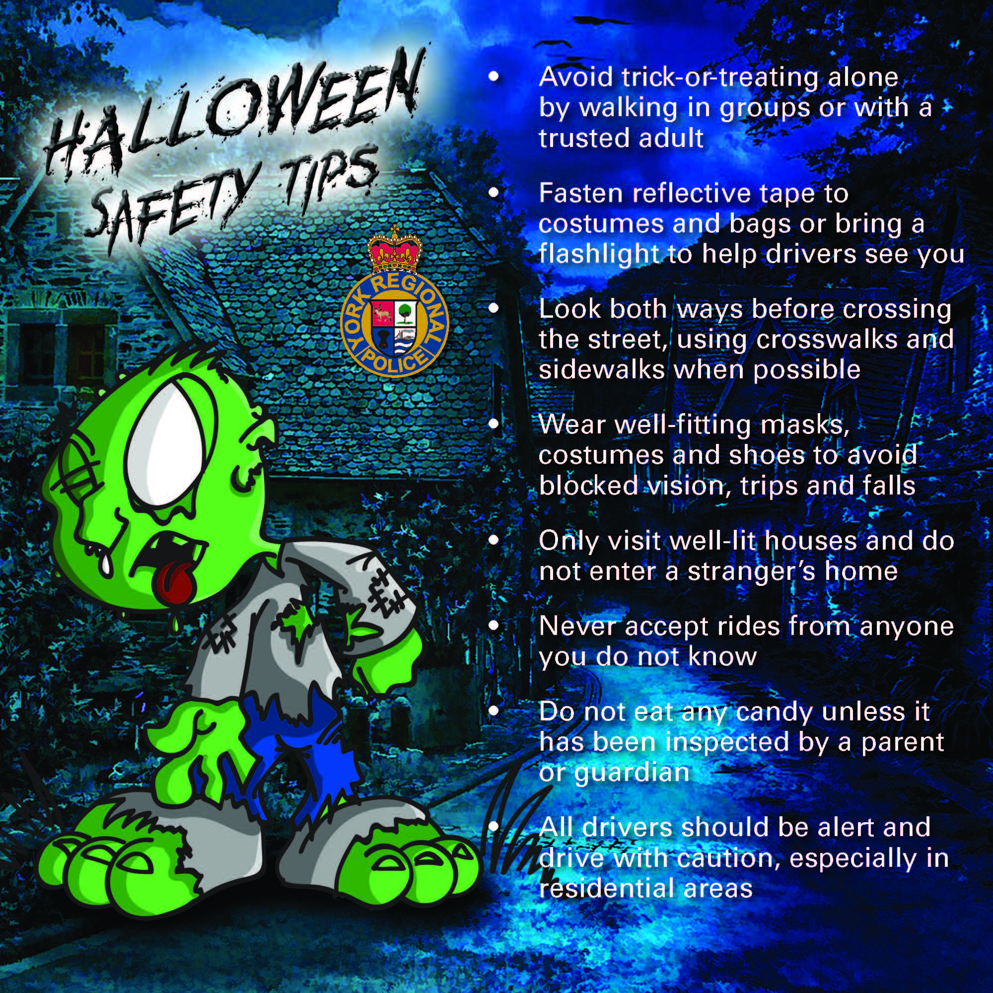 A dark night with cartoon zombie and written safety tips