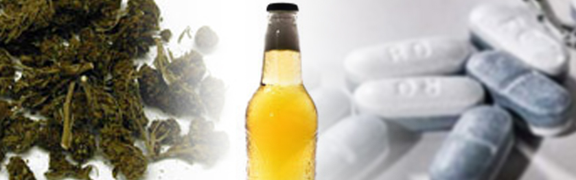 Marihuana, beer bottle and pills