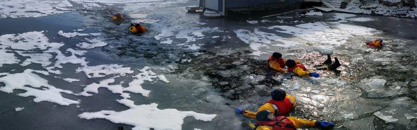People in yellow vests in icy water