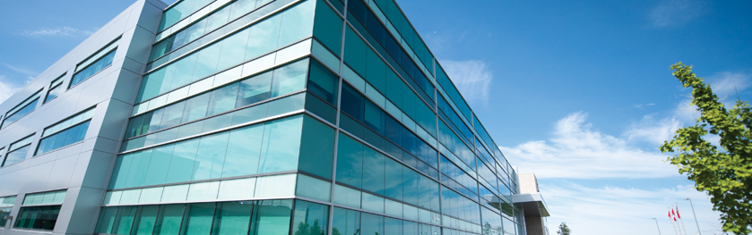 A glass facade of a building