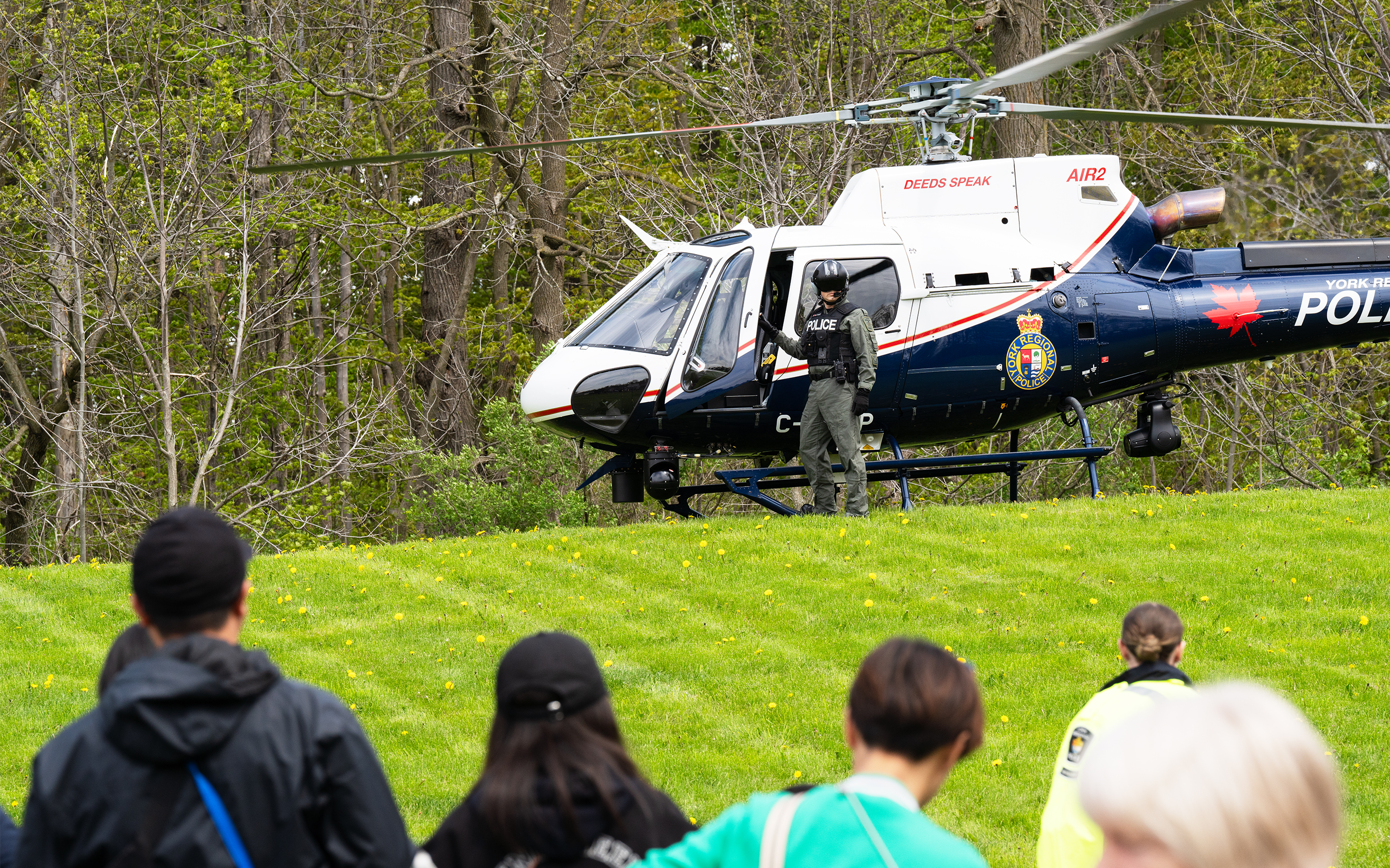 A helicopter parked on a grassy hill