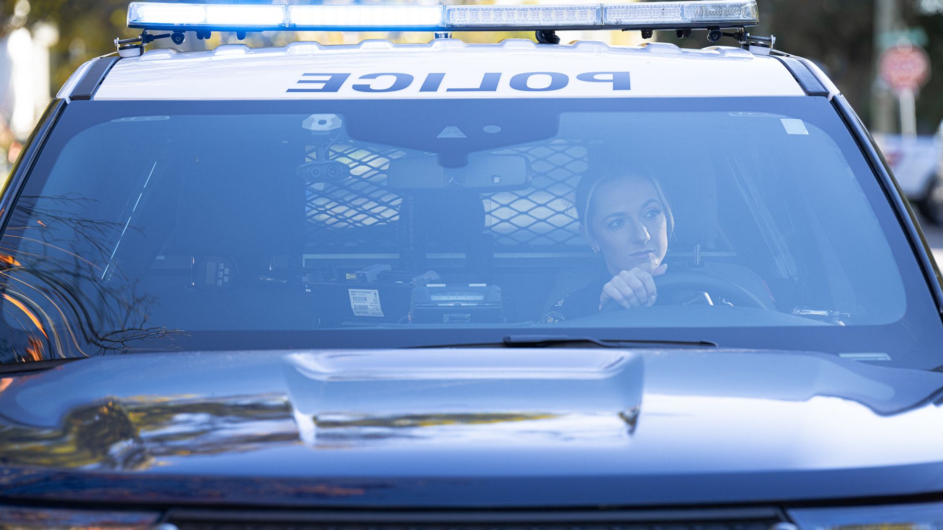 A woman in a police vehicle
