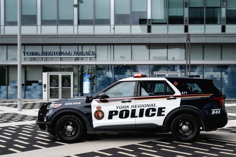 York Regional Police cruiser in front of the Vaughan Metropolitan Centre substation.