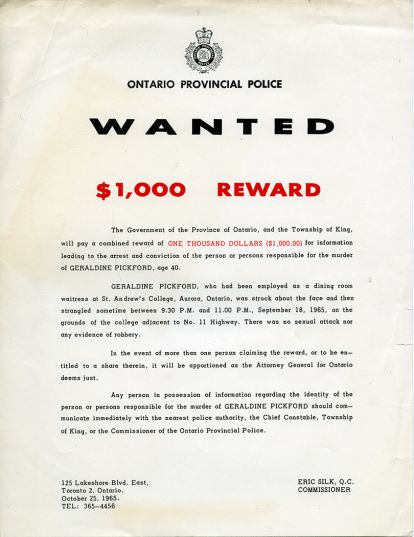 Wanted poster from Ontario Provincial Police offering $1000 reward for information about Geraldine's murder.