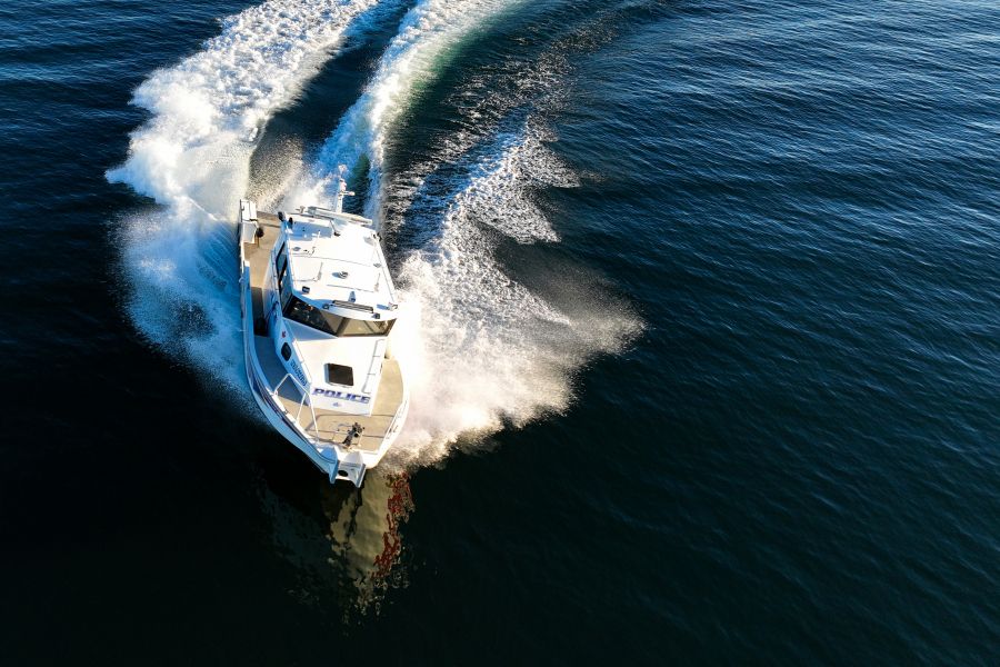 A boat turns on the water