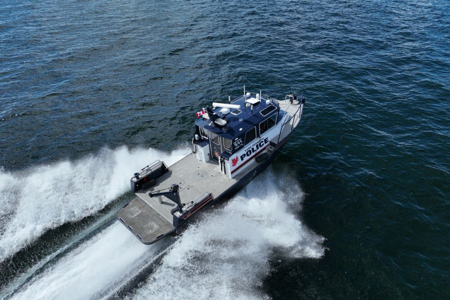 A boat travels across the water