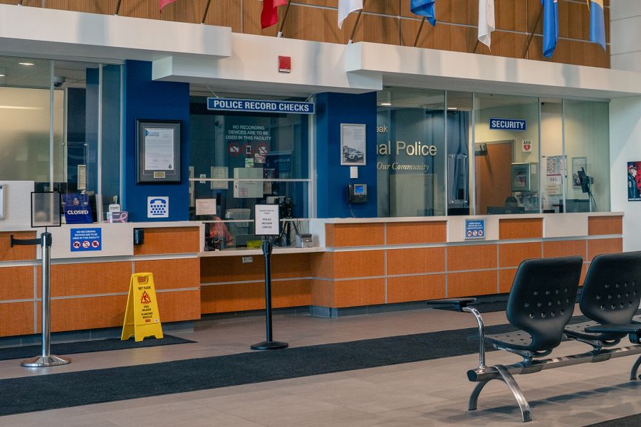 Police record check window in the lobby of the York Regional Police headquarters.