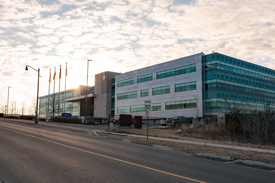 An office building at sunrise