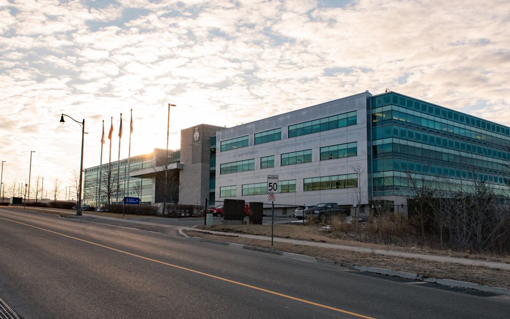 An office building at sunrise